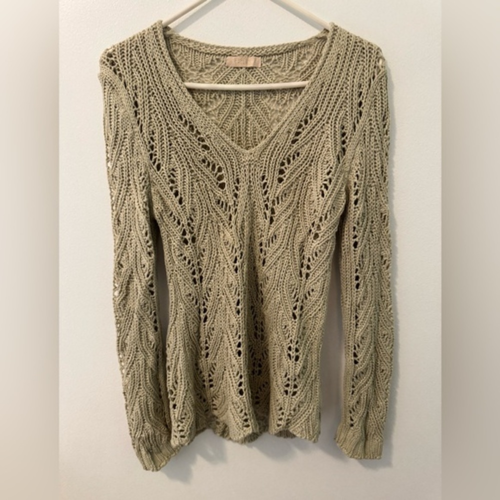 Beige Knit V-Neck Sweater, Size M